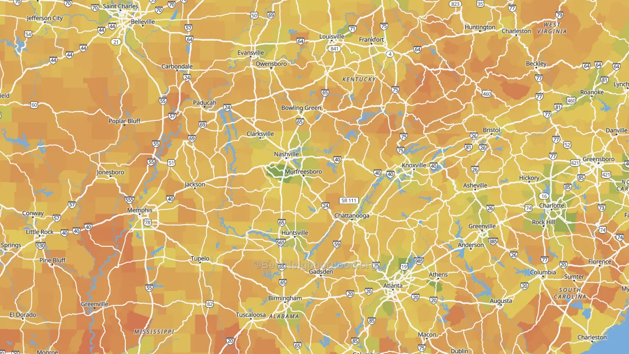 Map of the best neighborhoods in the Tennessee area, with better matches in green and worse matches in red