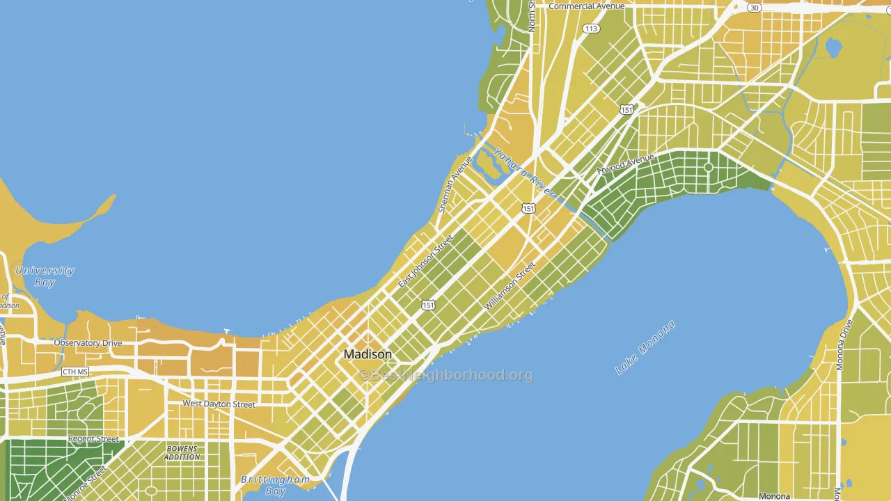 Map of the best neighborhoods in the Tenney-Lapham, Madison area, with better matches in green and worse matches in red