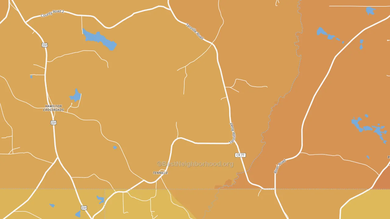 Map of the best neighborhoods in the Tennille area, with better matches in green and worse matches in red