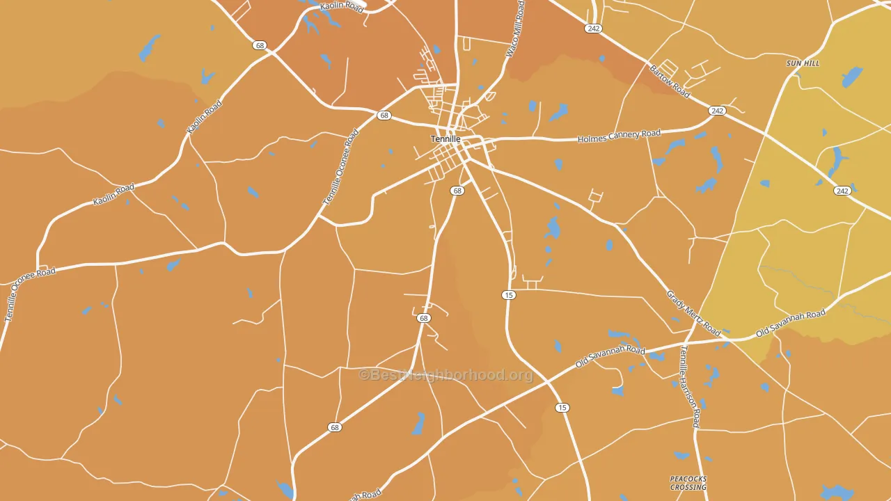 Map of the best neighborhoods in the Tennille area, with better matches in green and worse matches in red