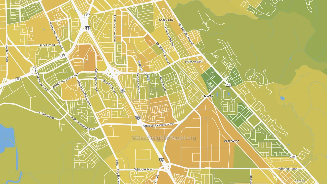 Map of the best neighborhoods in the Tennyson-Alquire, Hayward area, with better matches in green and worse matches in red