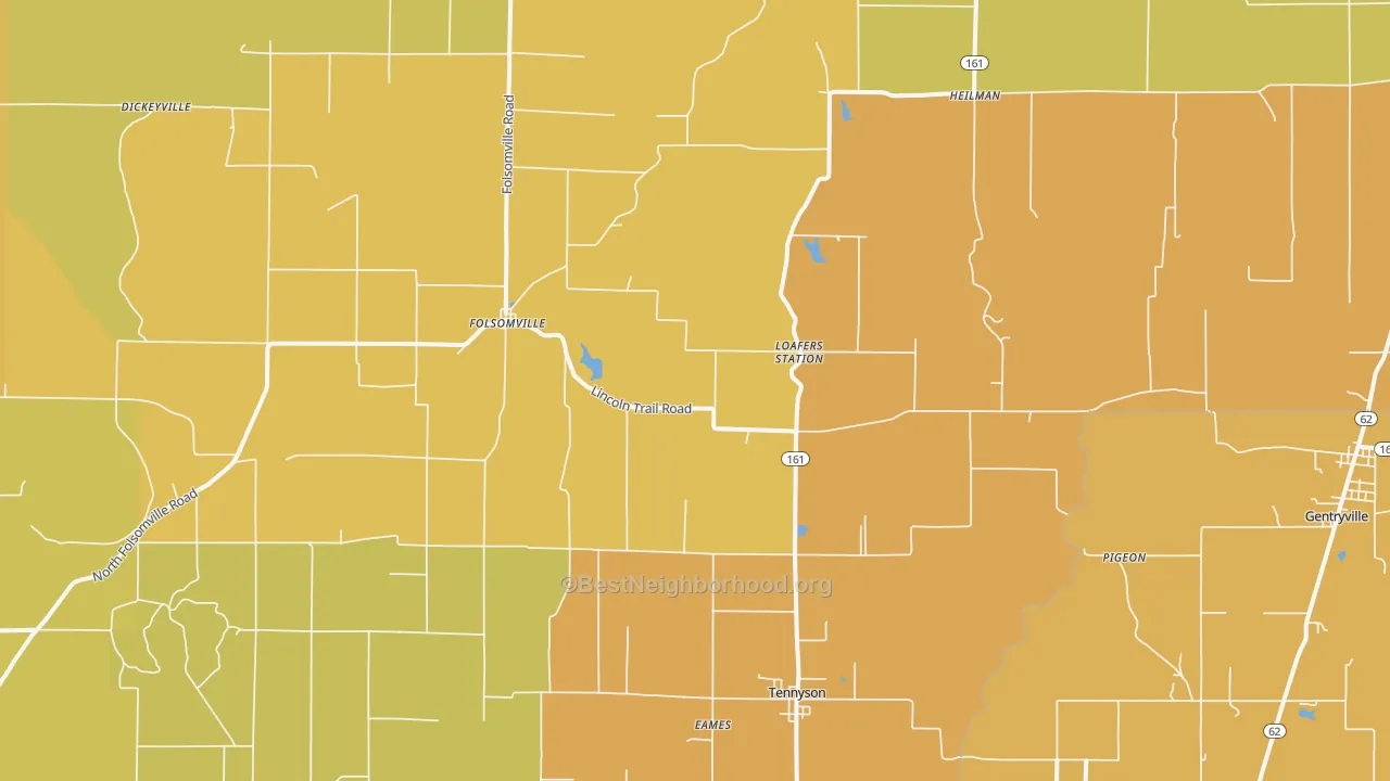 Map of the best neighborhoods in the Tennyson area, with better matches in green and worse matches in red