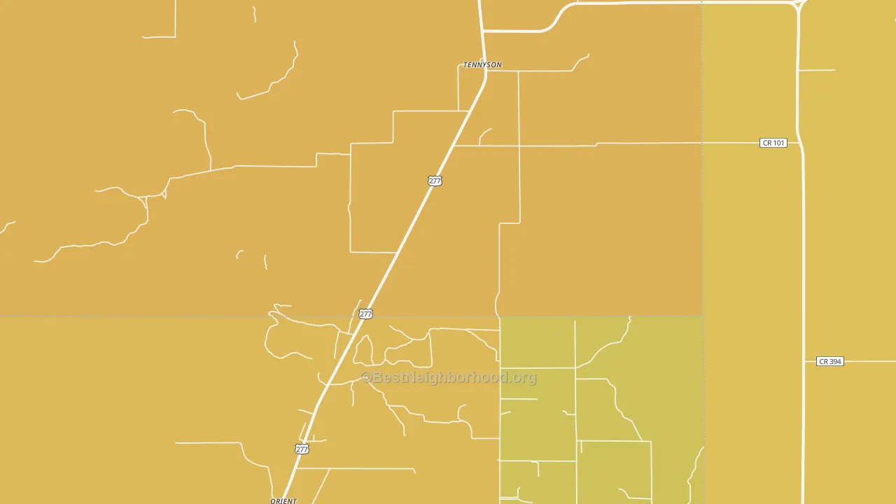 Map of the best neighborhoods in the Tennyson area, with better matches in green and worse matches in red