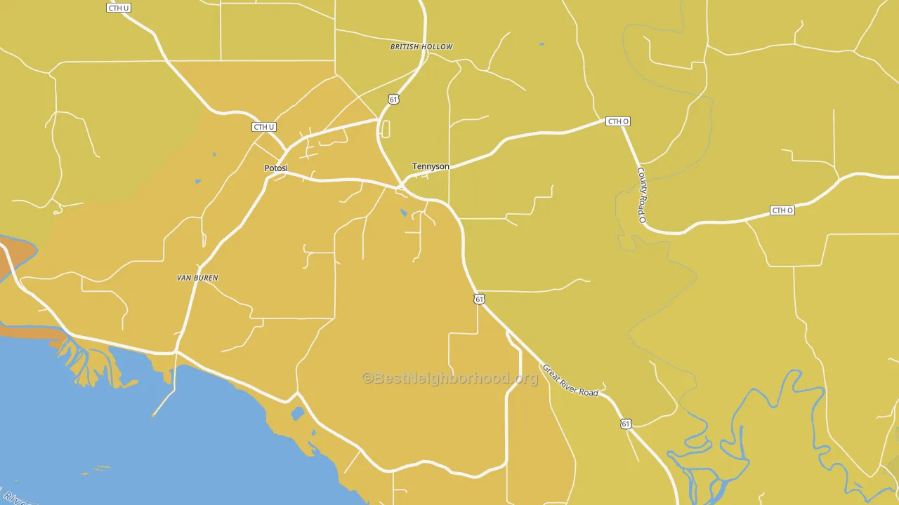 Map of the best neighborhoods in the Tennyson area, with better matches in green and worse matches in red