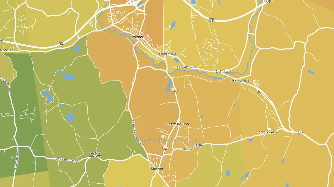 Map of the best neighborhoods in the Tennyville area, with better matches in green and worse matches in red