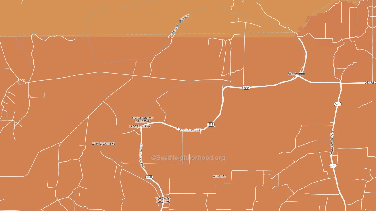 Map of the best neighborhoods in the Tensas Bluff area, with better matches in green and worse matches in red