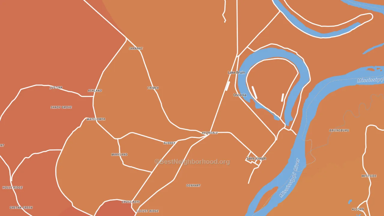Map of the best neighborhoods in the Tensas Parish area, with better matches in green and worse matches in red