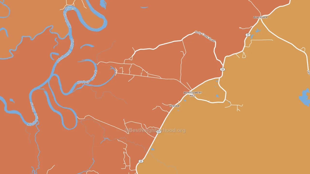 Map of the best neighborhoods in the Tensaw area, with better matches in green and worse matches in red