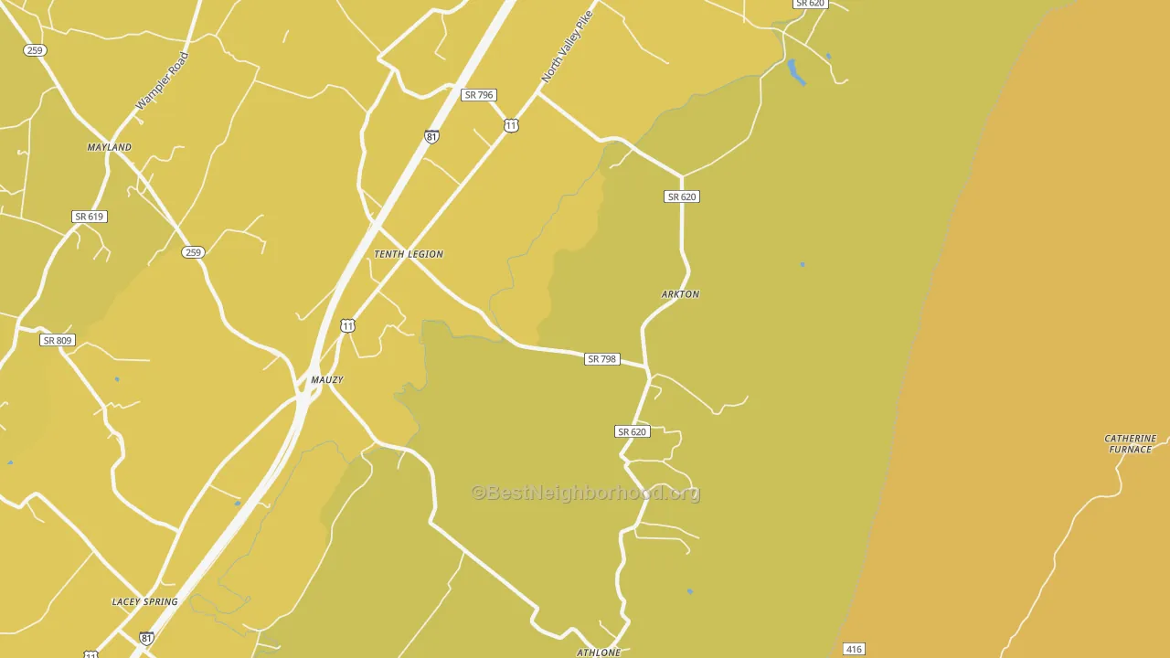 Map of the best neighborhoods in the Tenth Legion area, with better matches in green and worse matches in red