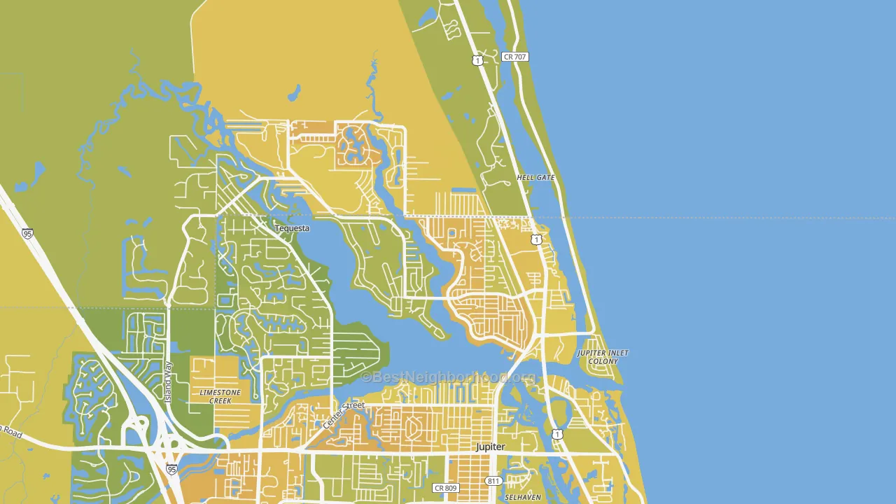Map of the best neighborhoods in the Tequesta area, with better matches in green and worse matches in red