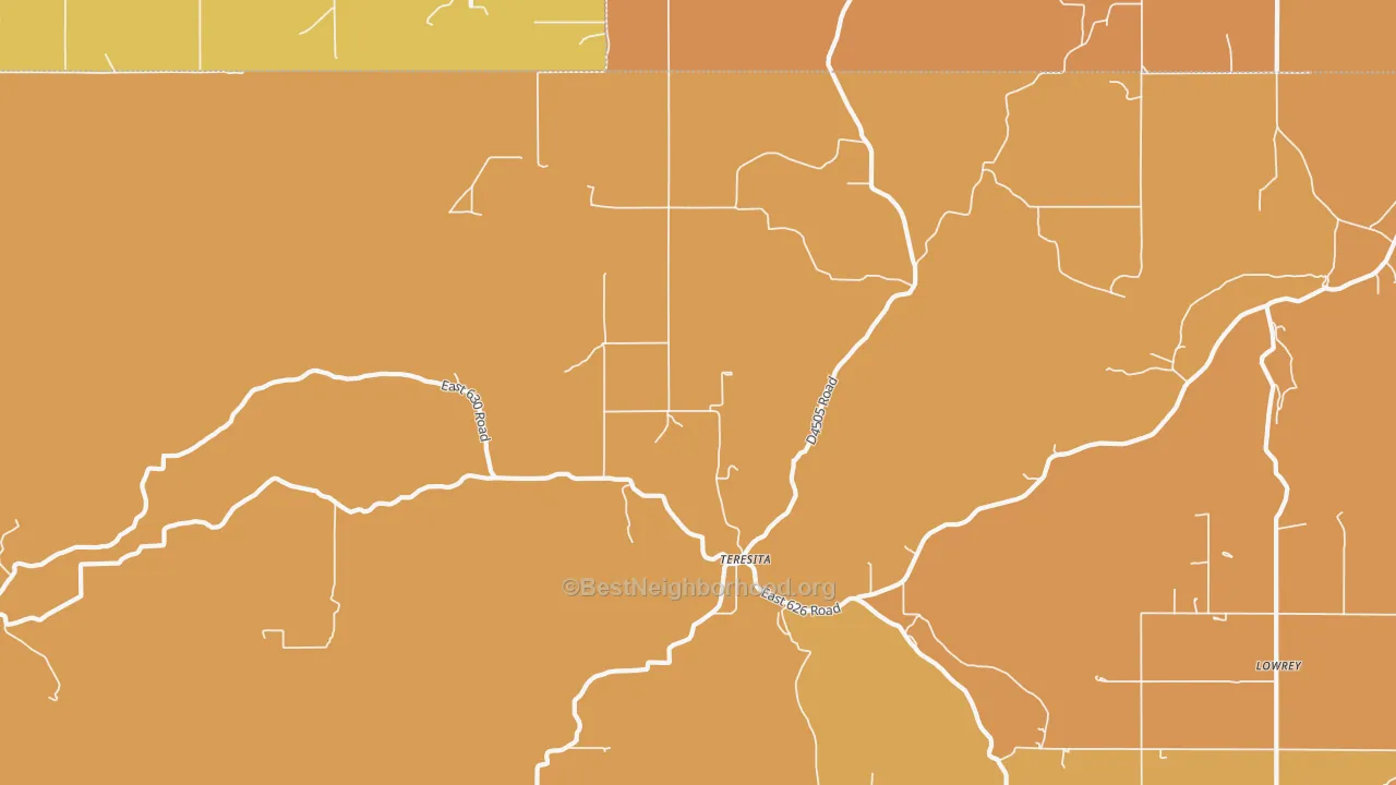 Map of the best neighborhoods in the Teresita area, with better matches in green and worse matches in red