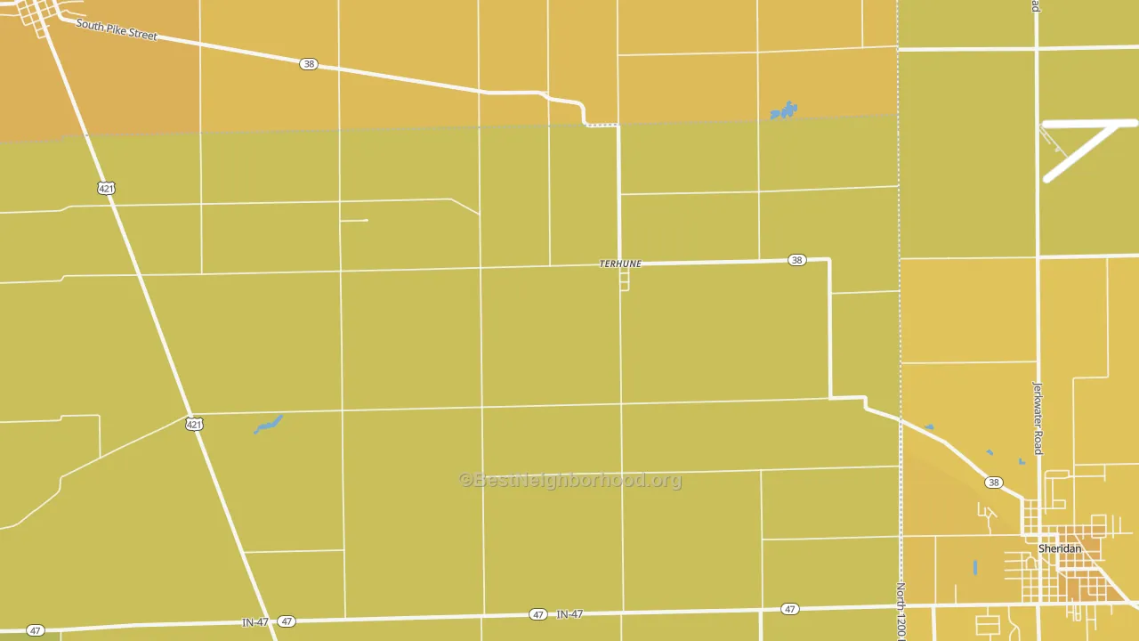 Map of the best neighborhoods in the Terhune area, with better matches in green and worse matches in red