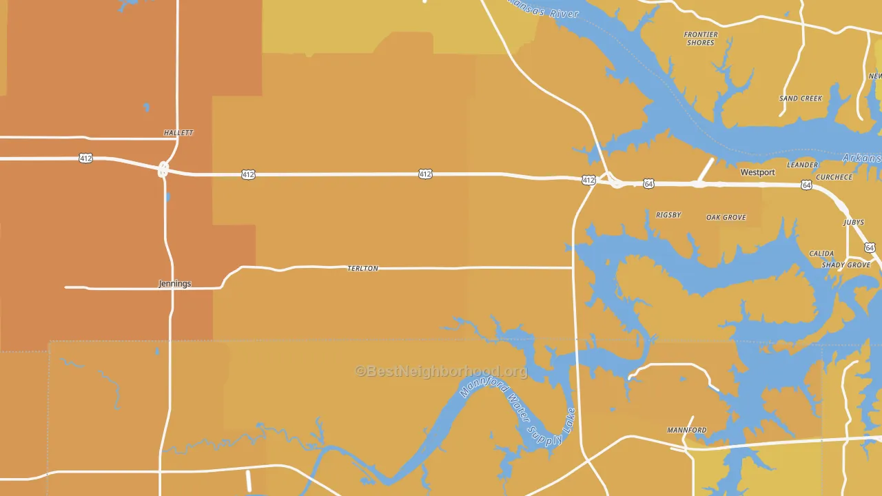 Map of the best neighborhoods in the Terlton area, with better matches in green and worse matches in red
