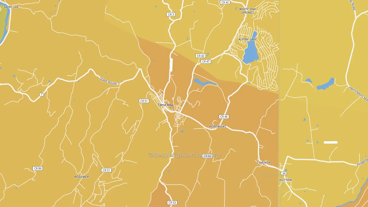 Map of the best neighborhoods in the Terra Alta area, with better matches in green and worse matches in red