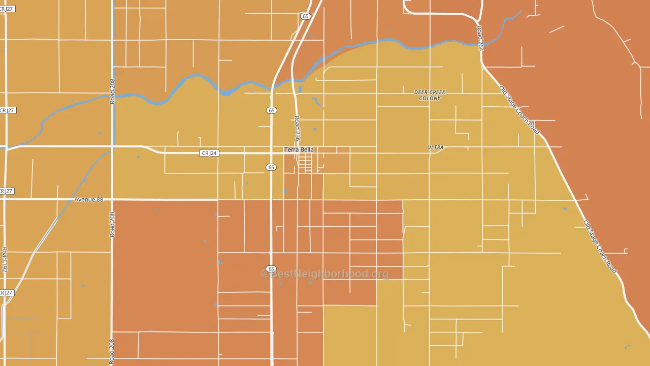 Map of the best neighborhoods in the Terra Bella area, with better matches in green and worse matches in red