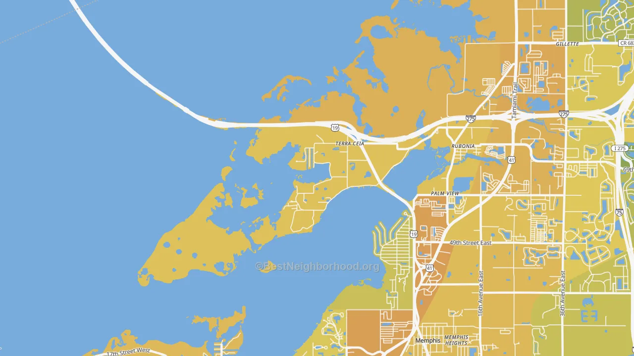 Map of the best neighborhoods in the Terra Ceia area, with better matches in green and worse matches in red