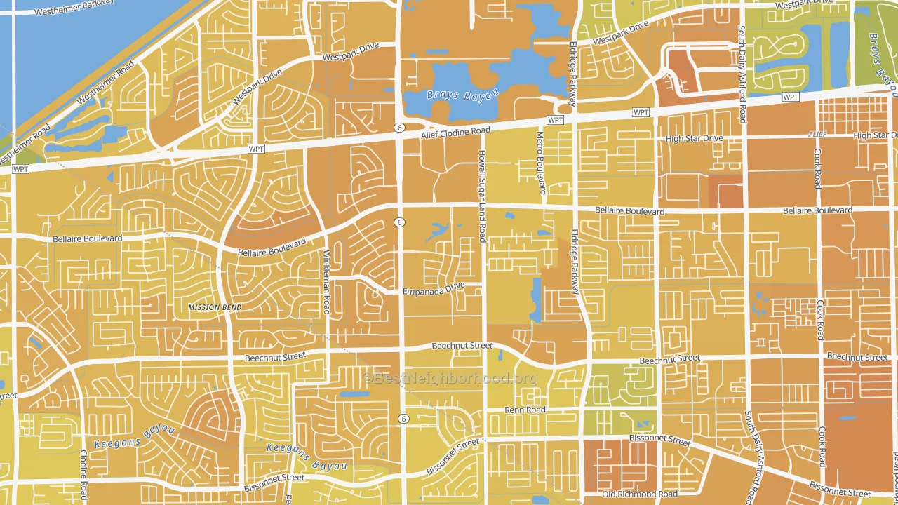 Map of the best neighborhoods in the Terra del Sol, Houston area, with better matches in green and worse matches in red
