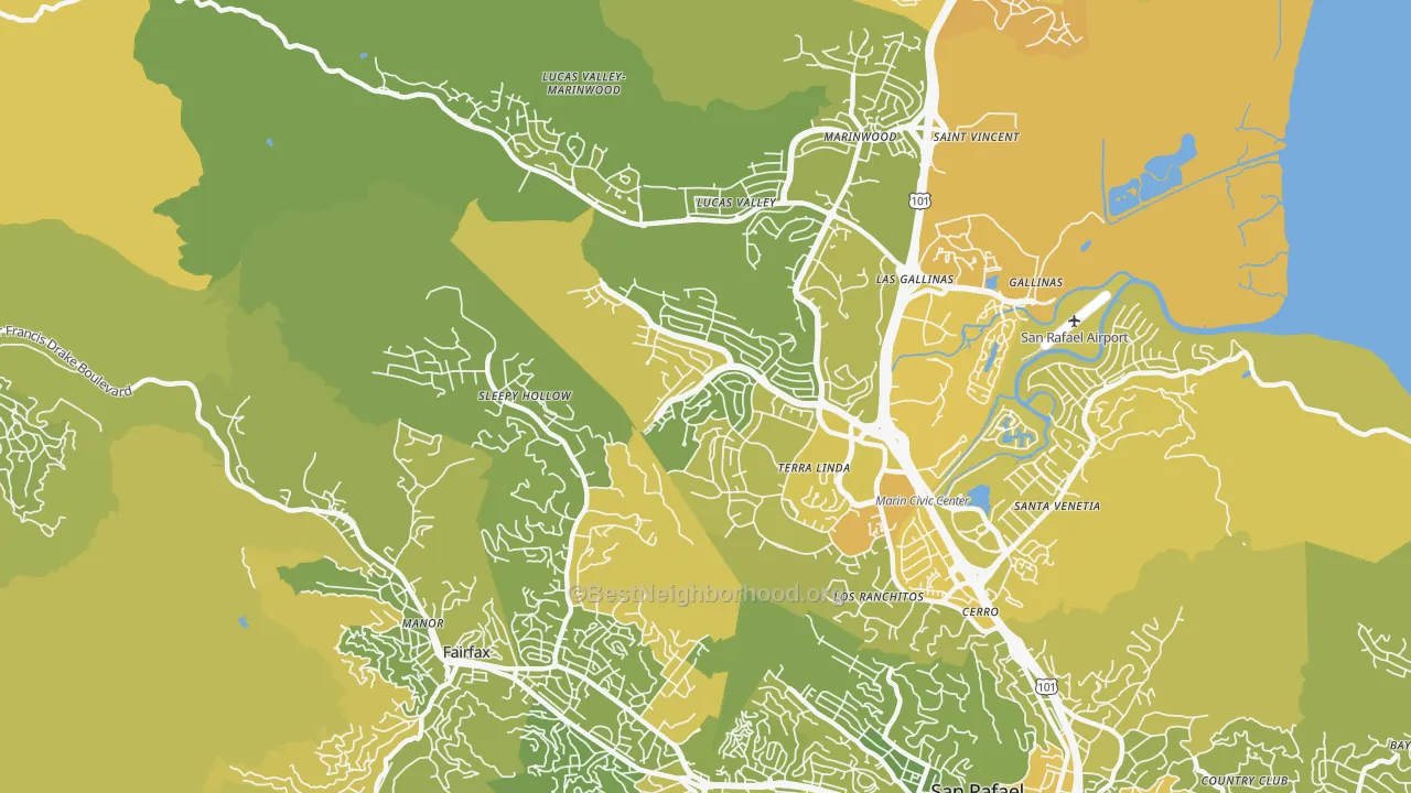 Map of the best neighborhoods in the Terra Linda, San Rafael area, with better matches in green and worse matches in red