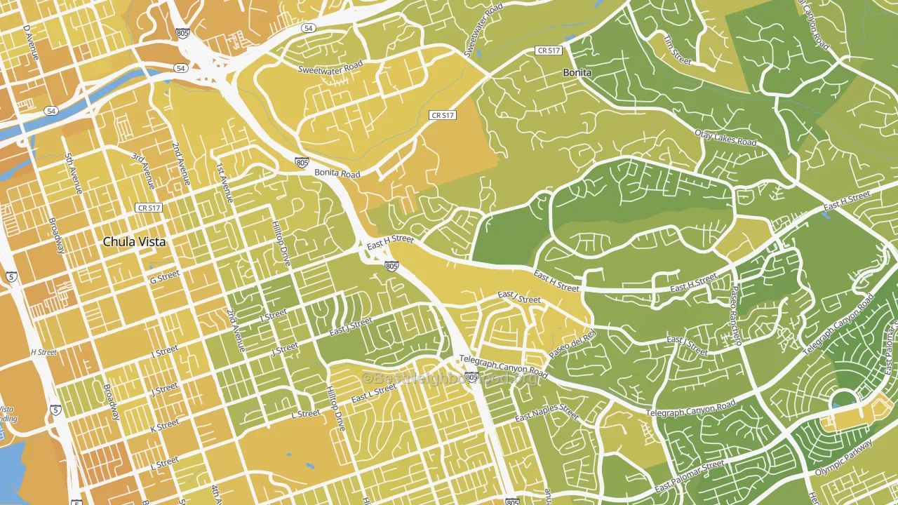 Map of the best neighborhoods in the Terra Nova, Chula Vista area, with better matches in green and worse matches in red