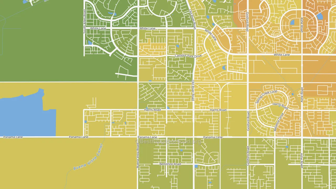 Map of the best neighborhoods in the Terra Vista, Bakersfield area, with better matches in green and worse matches in red