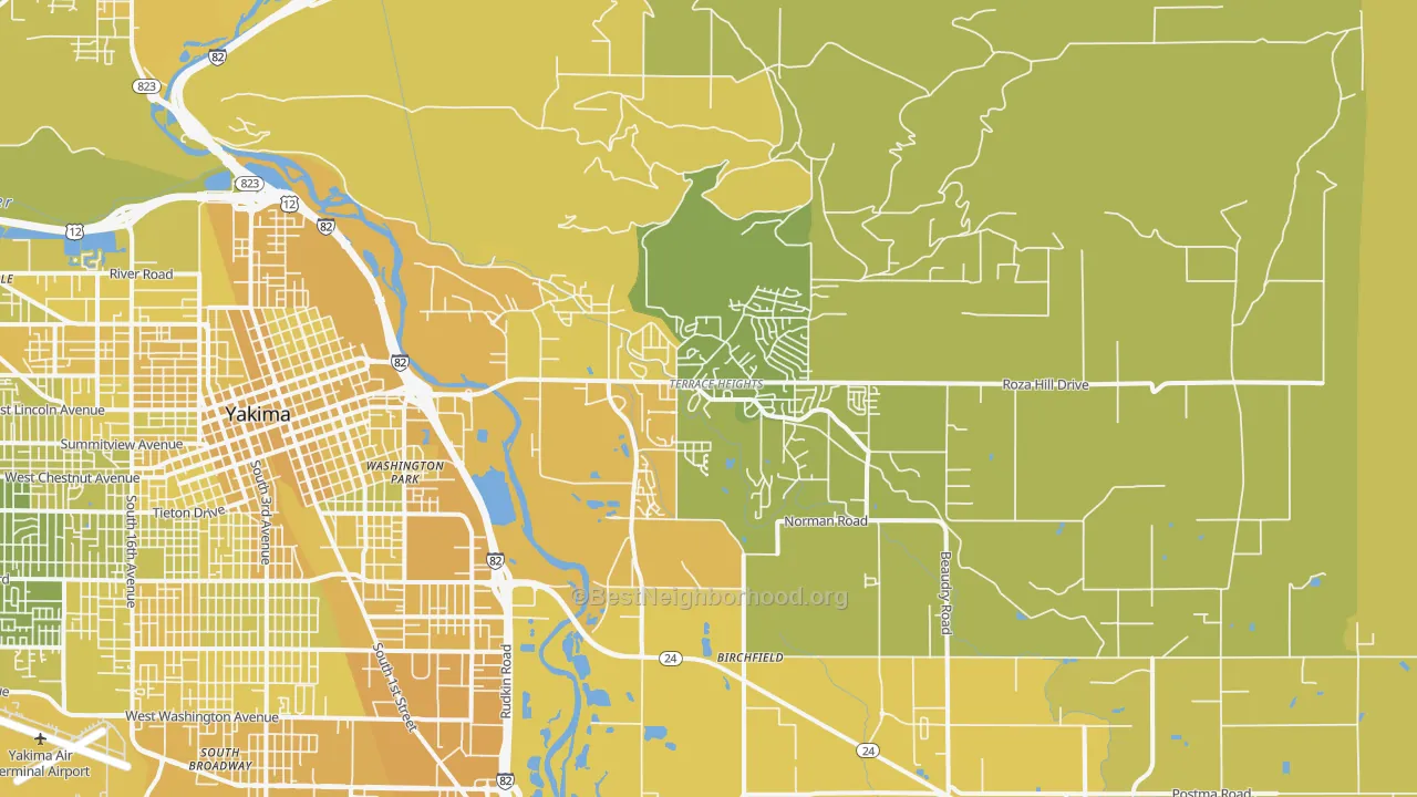 Map of the best neighborhoods in the Terrace Heights area, with better matches in green and worse matches in red