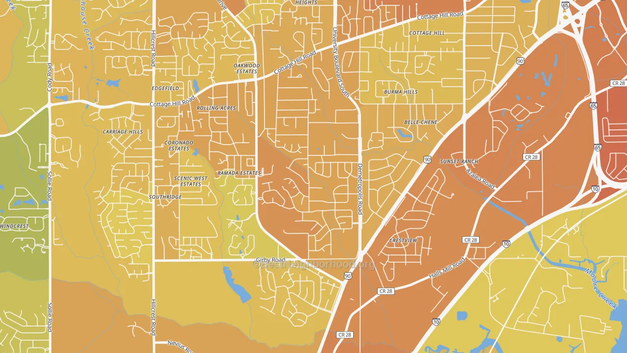 Map of the best neighborhoods in the Terrace Hills, Mobile area, with better matches in green and worse matches in red