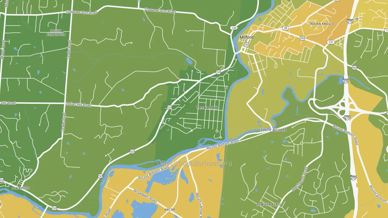 Map of the best neighborhoods in the Terrace Park area, with better matches in green and worse matches in red