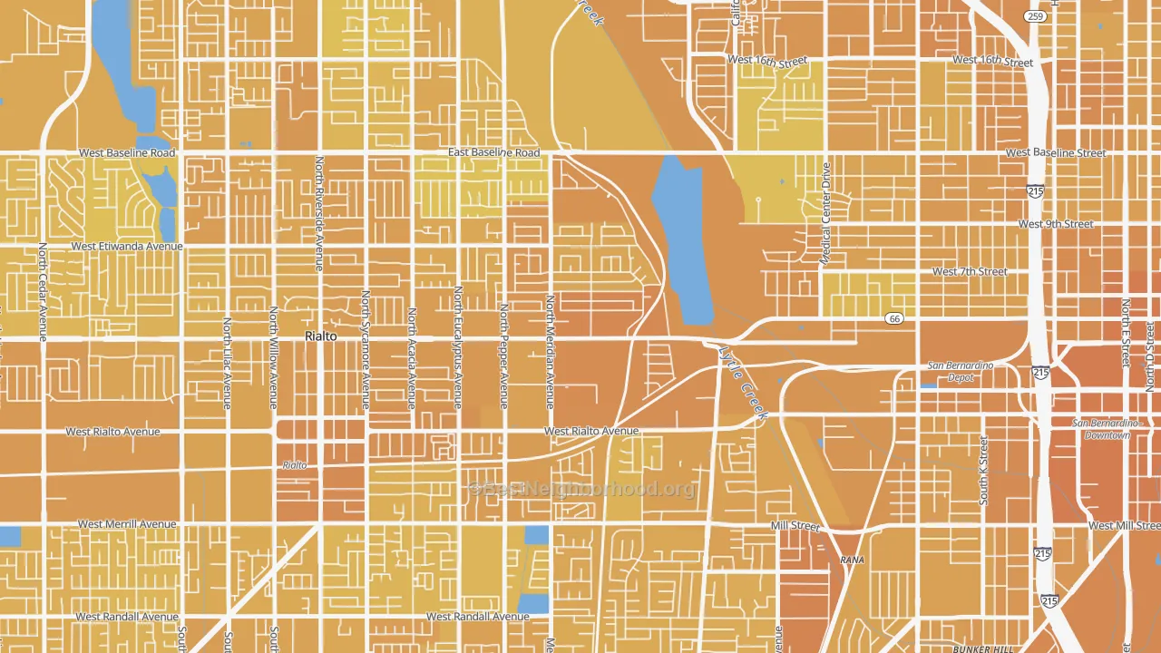 Map of the best neighborhoods in the Terrace, San Bernardino area, with better matches in green and worse matches in red