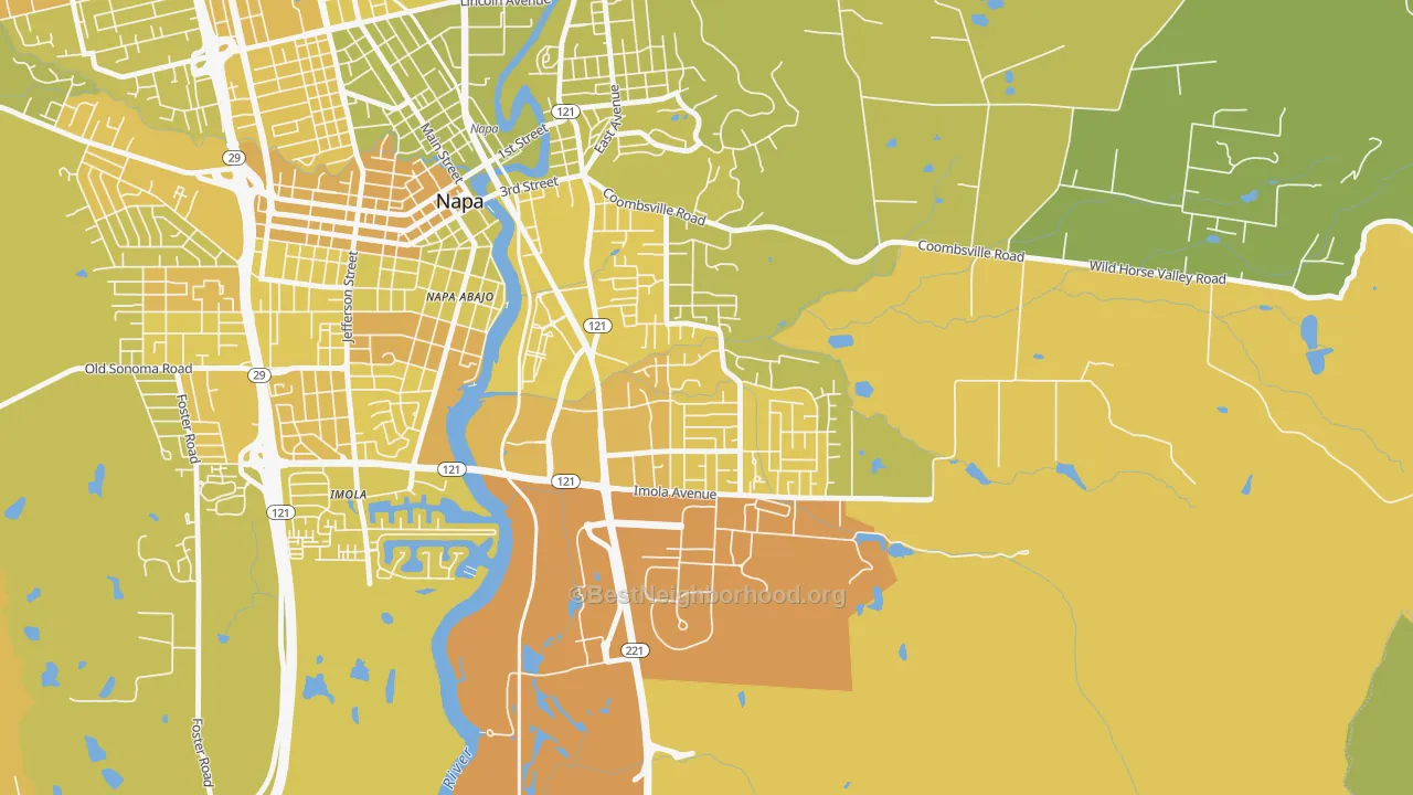 Map of the best neighborhoods in the Terrace-Shurtleff, Napa area, with better matches in green and worse matches in red