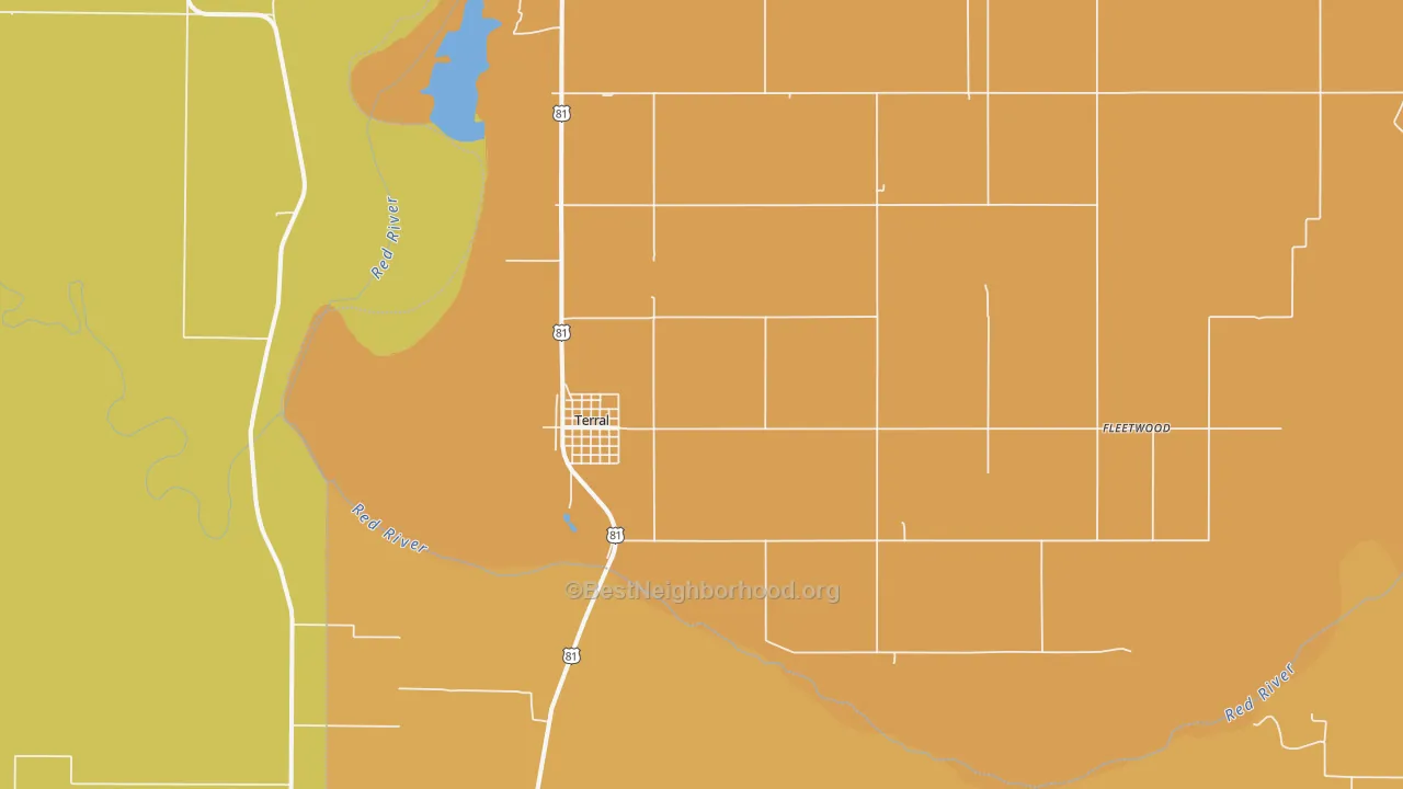 Map of the best neighborhoods in the Terral area, with better matches in green and worse matches in red