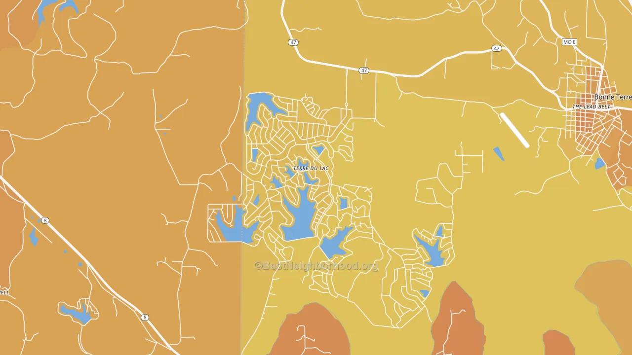 Map of the best neighborhoods in the Terre du Lac area, with better matches in green and worse matches in red