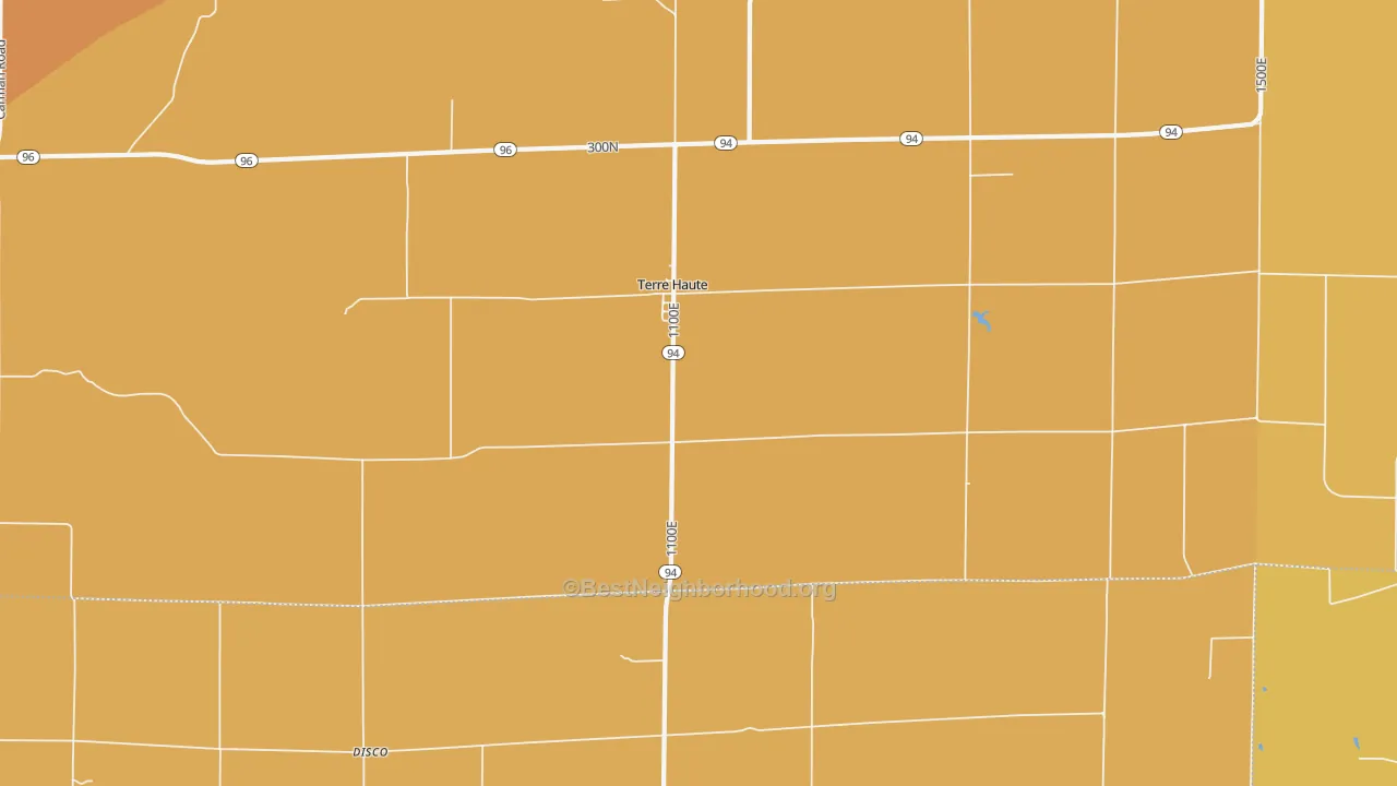Map of the best neighborhoods in the Terre Haute area, with better matches in green and worse matches in red