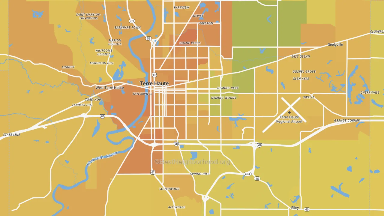 Map of the best neighborhoods in the Terre Haute Metro area, with better matches in green and worse matches in red