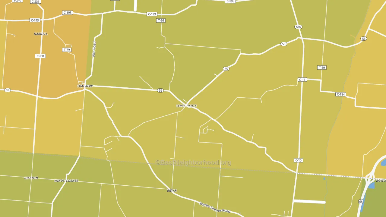 Map of the best neighborhoods in the Terre Haute area, with better matches in green and worse matches in red