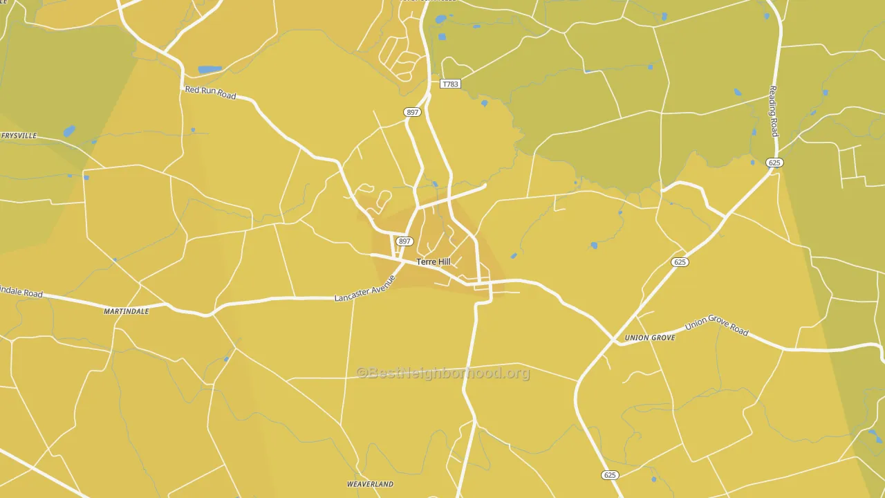 Map of the best neighborhoods in the Terre Hill area, with better matches in green and worse matches in red