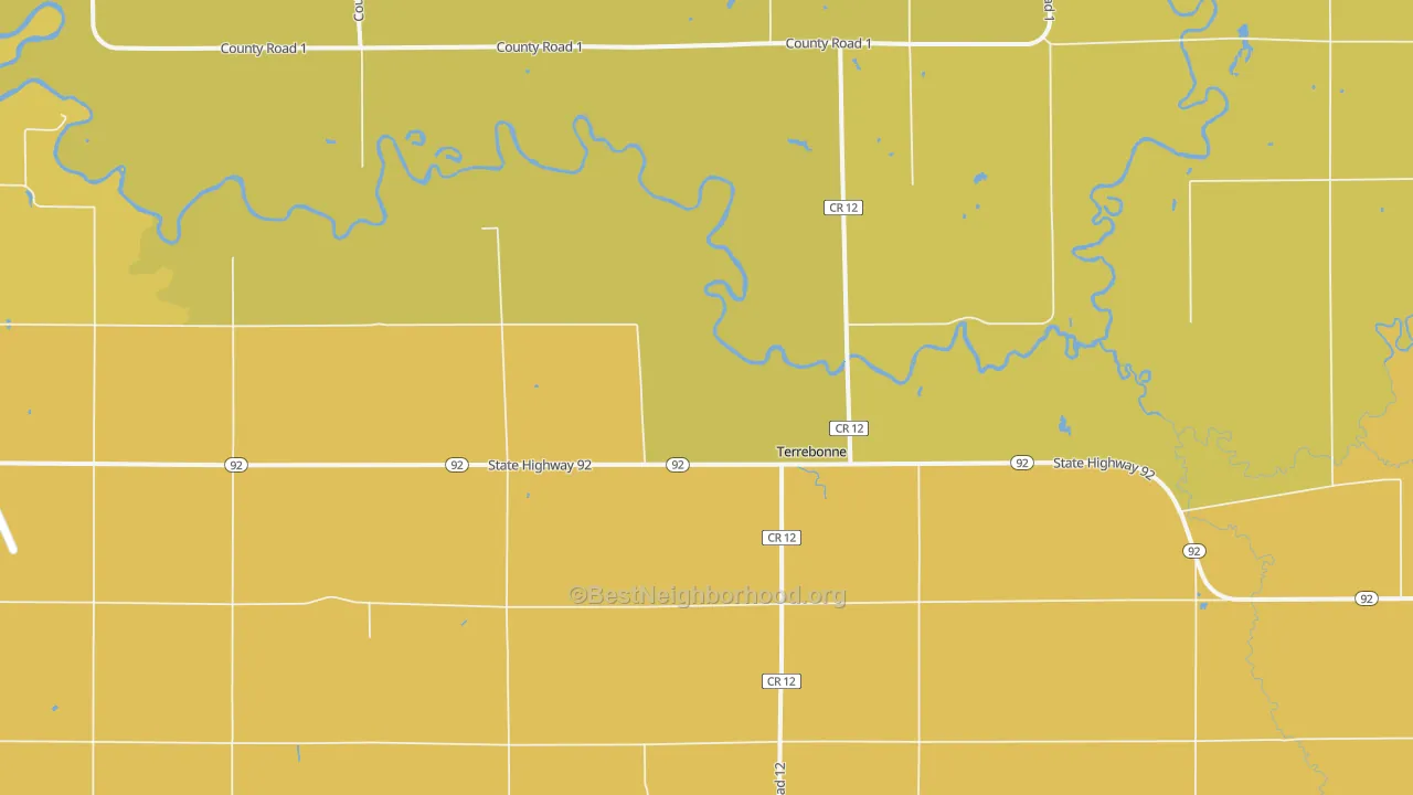 Map of the best neighborhoods in the Terrebonne area, with better matches in green and worse matches in red