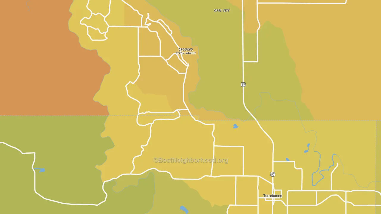 Map of the best neighborhoods in the Terrebonne area, with better matches in green and worse matches in red
