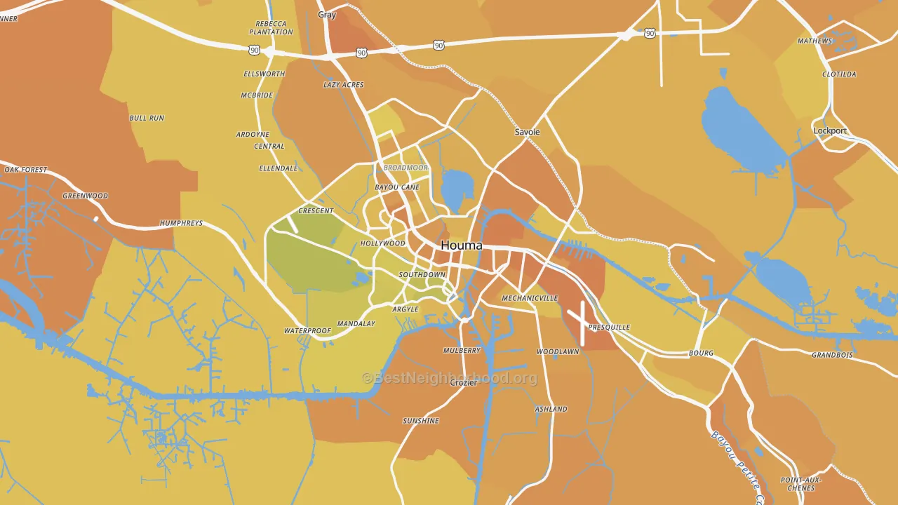 Map of the best neighborhoods in the Terrebonne Parish area, with better matches in green and worse matches in red