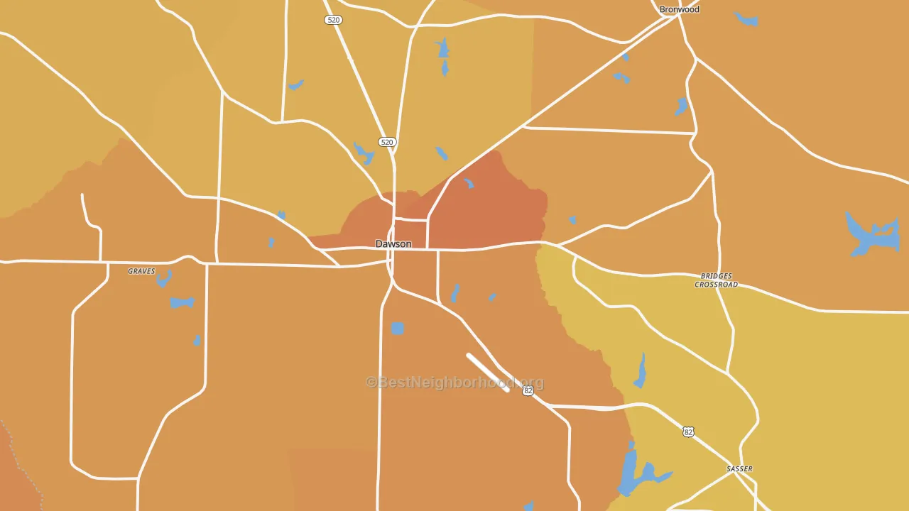 Map of the best neighborhoods in the Terrell County area, with better matches in green and worse matches in red