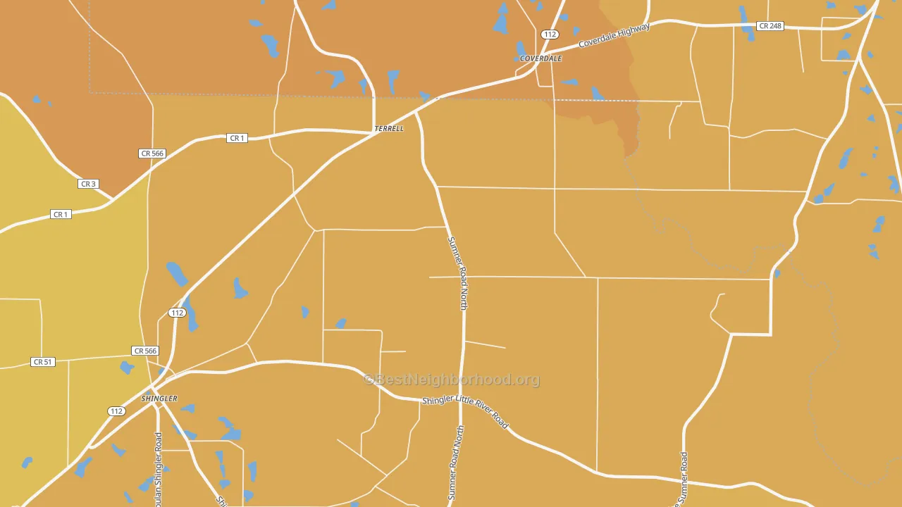 Map of the best neighborhoods in the Terrell area, with better matches in green and worse matches in red