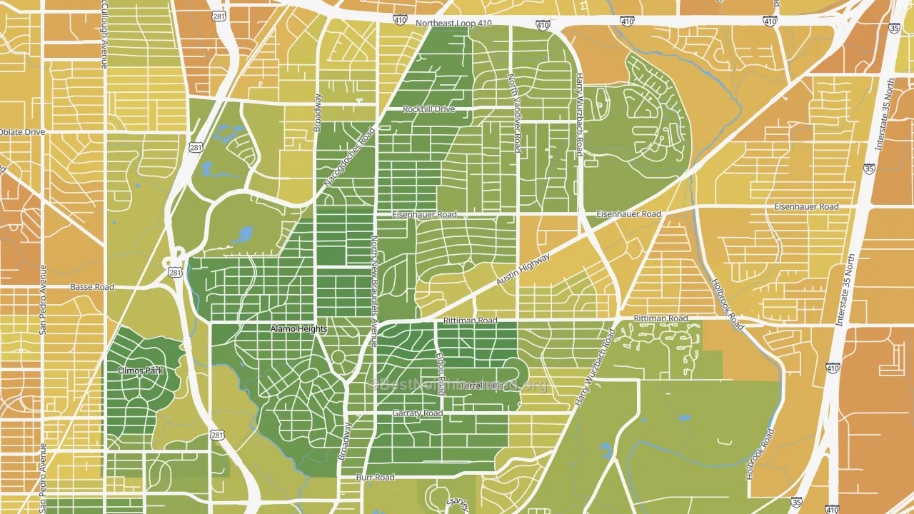 Map of the best neighborhoods in the Terrell Heights, San Antonio area, with better matches in green and worse matches in red