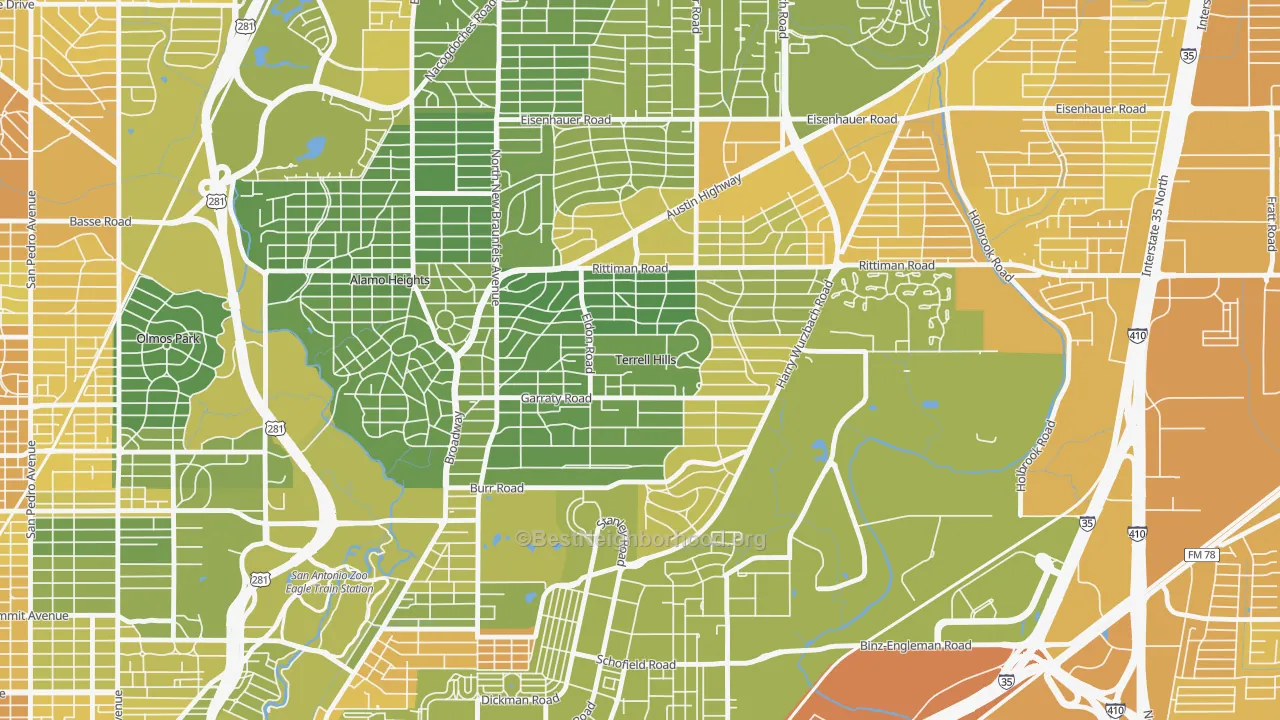 Map of the best neighborhoods in the Terrell Hills area, with better matches in green and worse matches in red