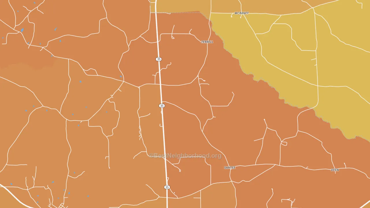 Map of the best neighborhoods in the Terrell area, with better matches in green and worse matches in red