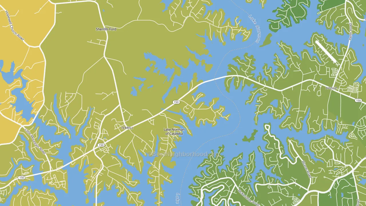 Map of the best neighborhoods in the Terrell area, with better matches in green and worse matches in red