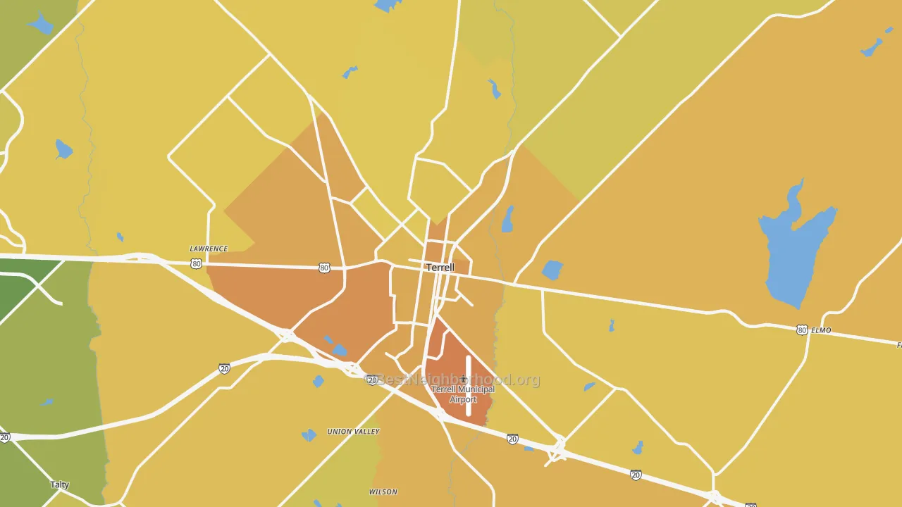 Map of the best neighborhoods in the Terrell area, with better matches in green and worse matches in red