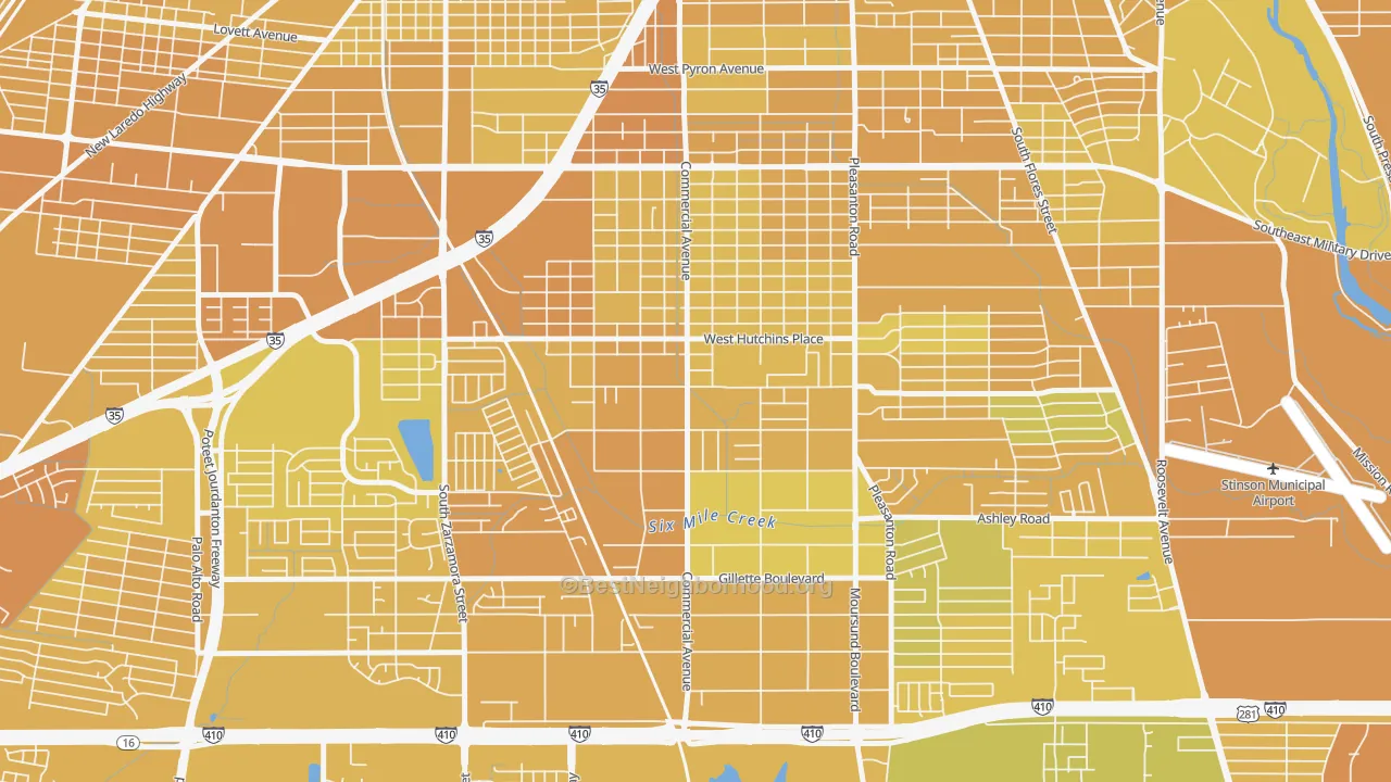 Map of the best neighborhoods in the Terrell Wells, San Antonio area, with better matches in green and worse matches in red