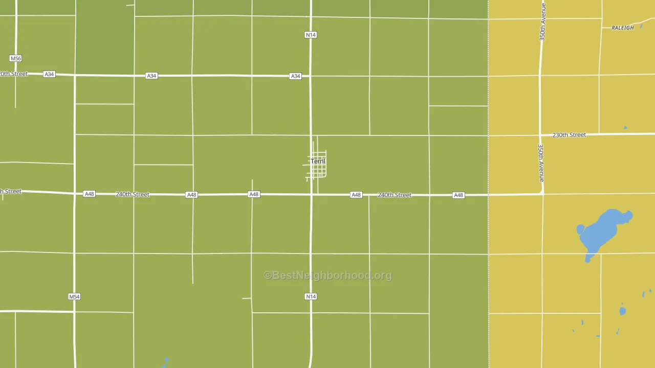 Map of the best neighborhoods in the Terril area, with better matches in green and worse matches in red