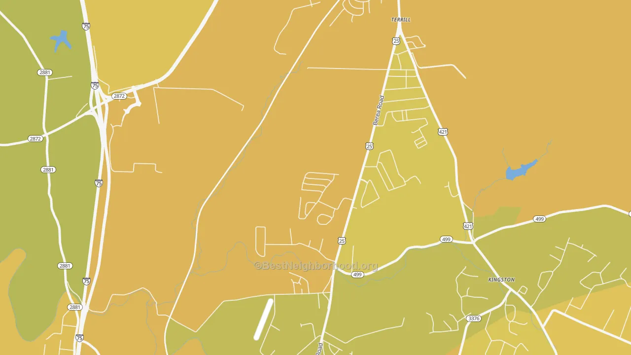 Map of the best neighborhoods in the Terrill area, with better matches in green and worse matches in red