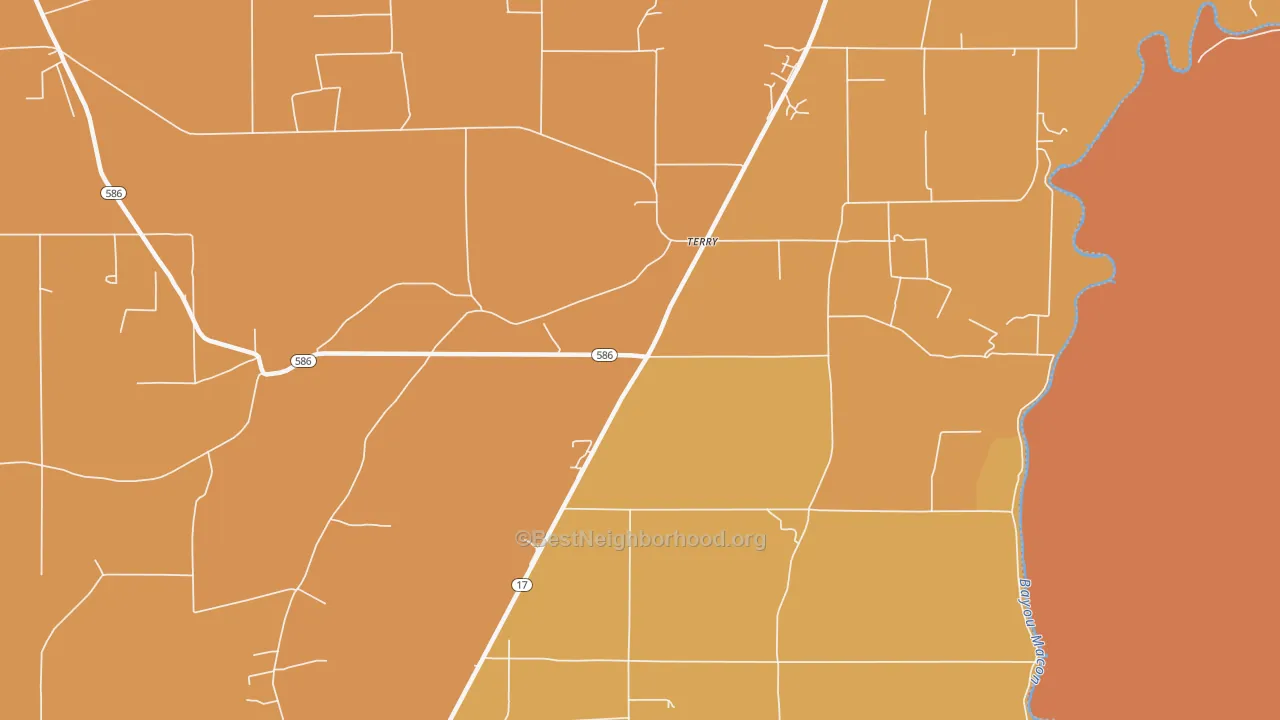 Map of the best neighborhoods in the Terry area, with better matches in green and worse matches in red