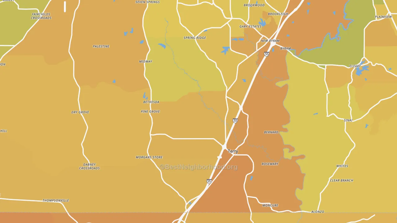 Map of the best neighborhoods in the Terry area, with better matches in green and worse matches in red